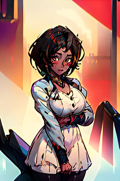 (best quality, masterpiece), a rendering of  white dress, dark-skinned female, blush, cowboy shot, very dark skin, looking at viewer, dress, long hair, pantyhose, long sleeves, black hair, cardigan, simple background,1girl, solo, brown eyes, dark skin, ((art by pdxl-sdgs))