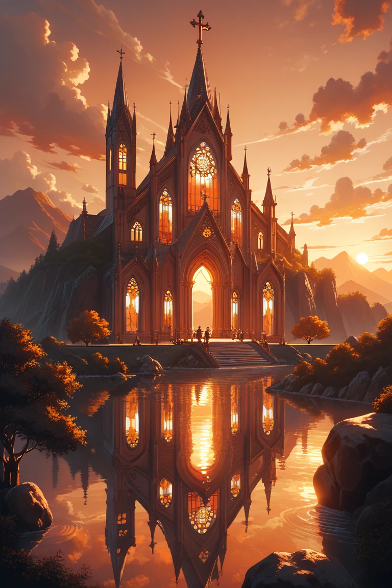 score_9, score_8_up, score_7_up, source_anime, rating_safe, evening, natural lighting, sunset, fantasy-church structure focus, Dachurch, rock structure, waterfall, water, lake, no humans, reflection, heavenly, intricately detailed illustration, orange theme, from above