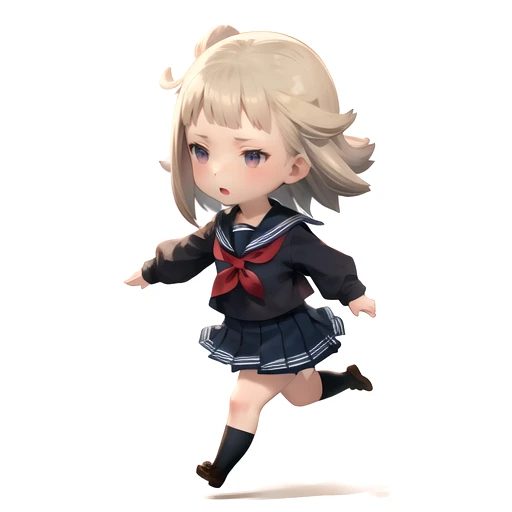 (masterpiece,best quality),bdchibi,full body, 1girl, solo,white background,<lora:bdchibi:1>, school uniform, jk,serafuku,running, street,