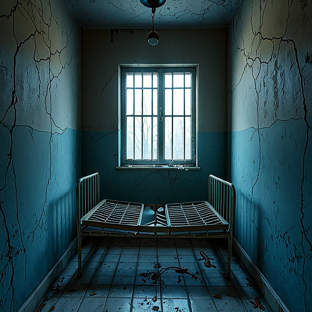 <lora:Doctor_Pollutions_Paranormal_Asylum_DX_-_DreamShaper_r2:1>,docpollparan, patient room, asylum, abandoned, window, unreal engine, 4k, masterpiece, trending on artstation