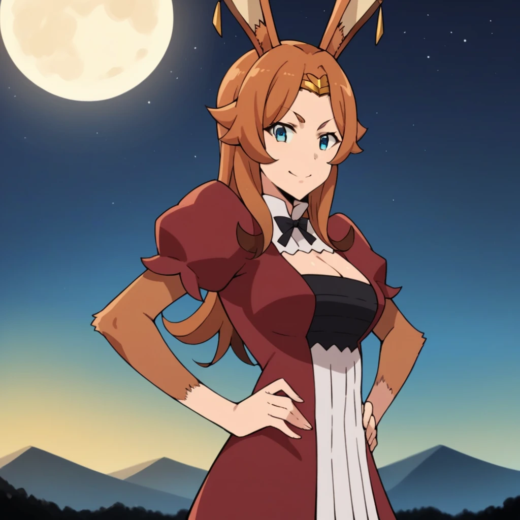 score_9_up, score_8_up, score_7_up, source_anime, 1girl, solo, Delilah, Del_Def, moon light, starry sky, night sky, standing, from side, angled shot, hands on hips, looking at you, confident smile, blue eyes, brown hair, long hair, circlet, fur, red sleeves, short puffy sleeves, high collar, black ribbon, neck ribbon, ribbed collar, detached collar, cleavage cutout, black bra, bandeau, white dress, red dress, two-tone dress, rabbit girl, rabbit ears, animal ears, mature body, dynamic cowboy shot, outdoors, sky clouds background