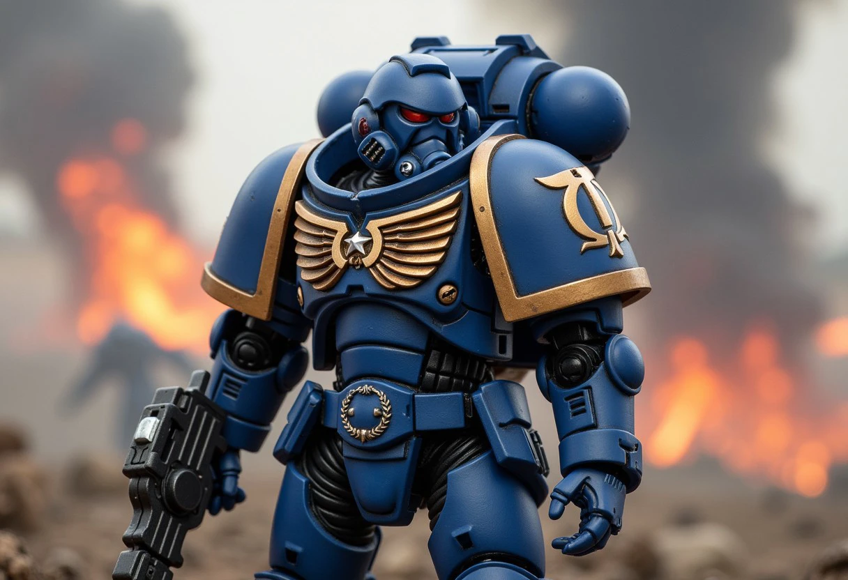 An ultramarine from warhammer 40.000. Standing with a dynamic pose. he wears a blue space marine helmet.
The background is a battlefield with explosions and smoke.