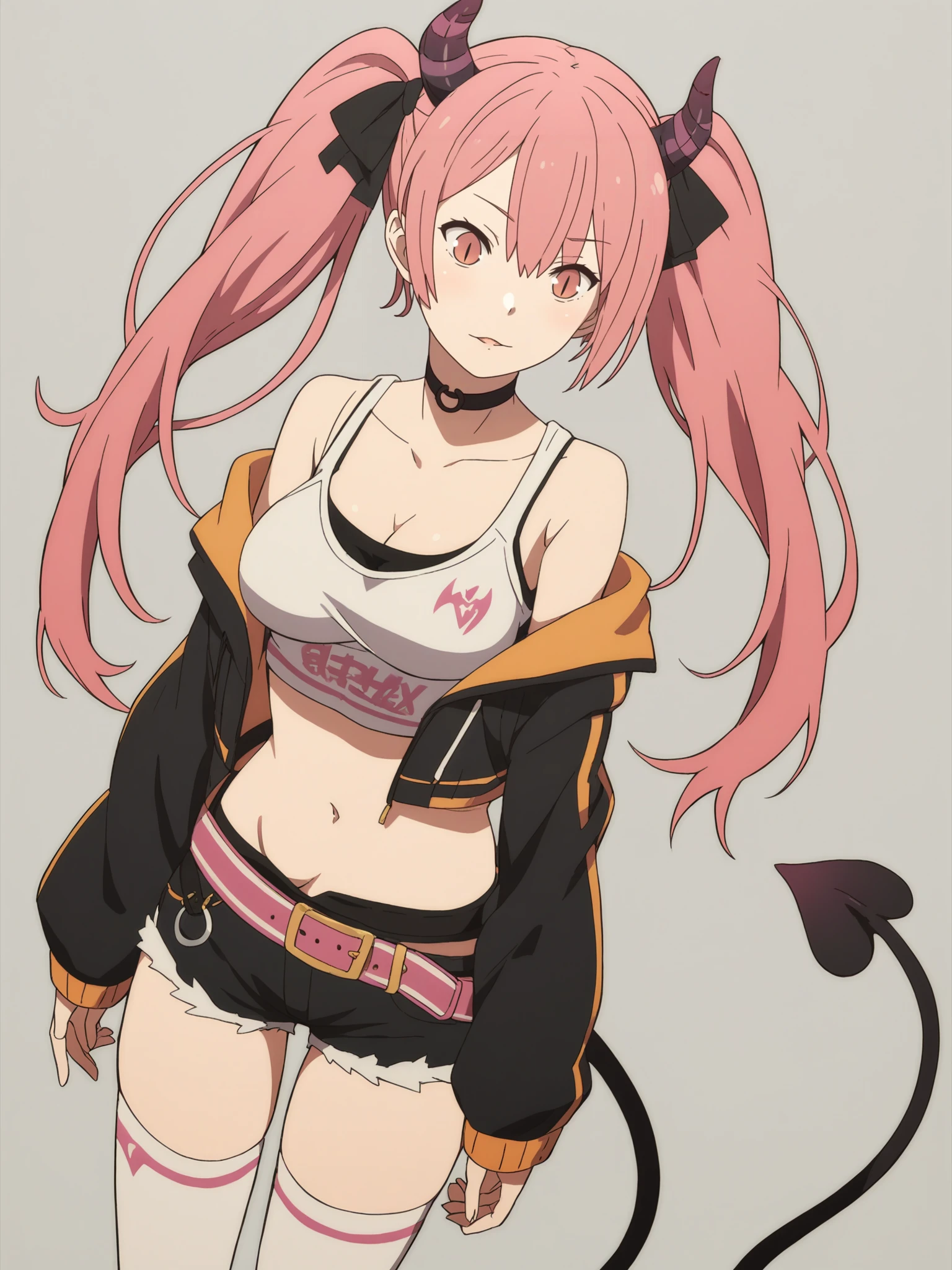 score_9, score_8_up, score_7_up, score_6_up, score_5_up,
1girl, solo, breasts, tail, pink_hair, horns, demon_tail, shorts, jacket, twintails, large_breasts, smile, looking_at_viewer, long_hair, navel, choker, black_background, pink_eyes, short_shorts, belt, demon_girl, pink_jacket, demon_horns, simple_background, tank_top, open_jacket, cleavage, black_shorts, open_clothes, thighhighs, off_shoulder, bare_shoulders, closed_mouth, head_tilt, hair_between_eyes, cowboy_shot, jewelry, micro_shorts, collarbone, black_choker, white_thighhighs, crop_top, bangs, earrings, clothes_writing, shirt, midriff, standing, see-through, contrapposto, long_sleeves
 <lora:Re_Zero:1>