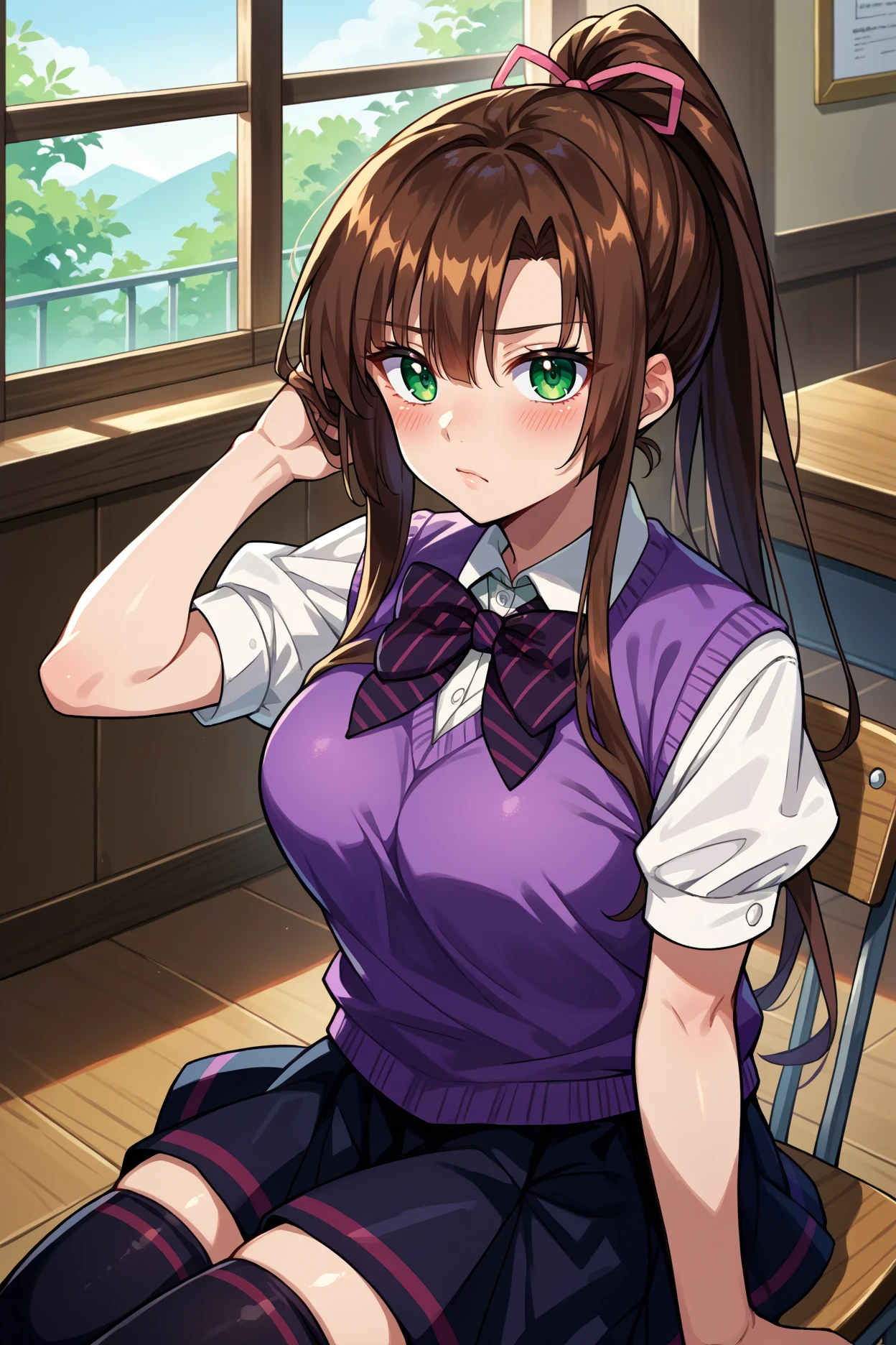 score_9, score_8_up, score_7_up, score_6_up, source_anime, 1girl, solo, <lora:kirasakasayaka-pdxl-nvwls-v1-000005:1> stbsk, brown hair, green eyes, ponytail, hair ribbon, black bowtie, striped bowtie, white shirt, purple sweater vest, short sleeves, pleated skirt, black skirt, black thighhighs, breasts, looking at you, fixing hair, hands in own hair, sitting, chair, indoors, window, blush