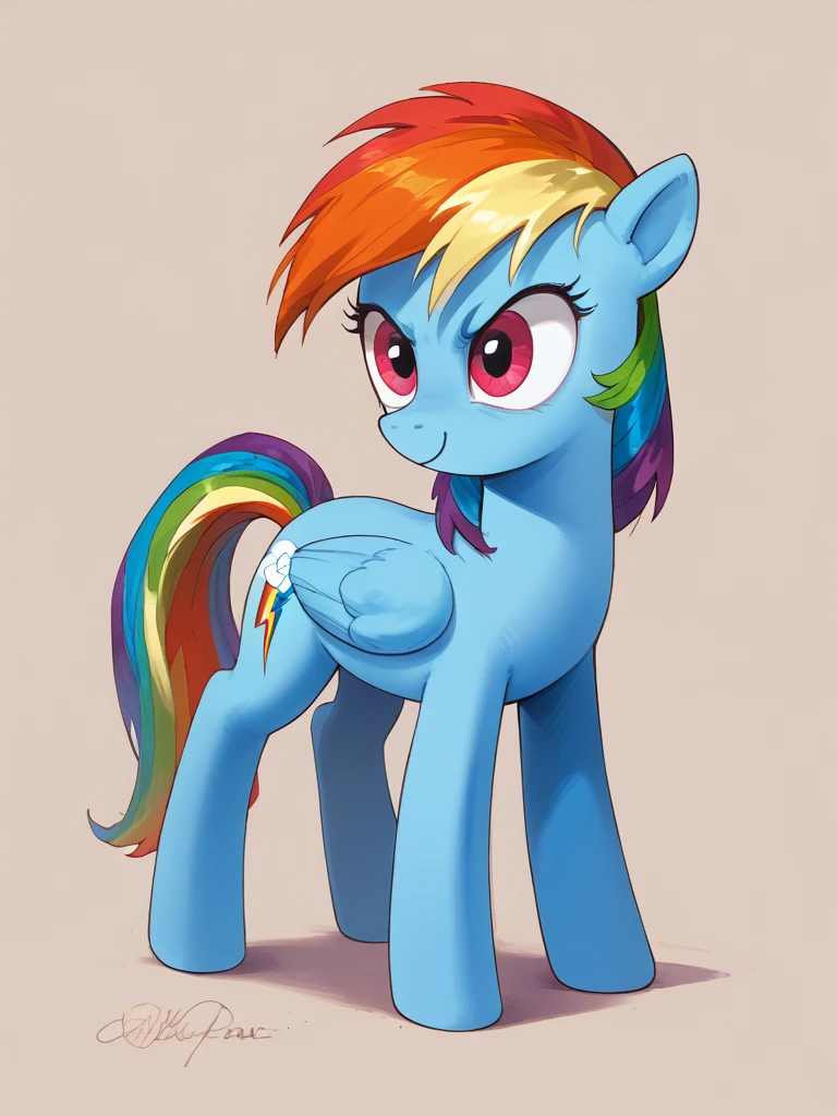 score_9, score_8_up, score_7_up, feral pony, by andy price, solo, 1girl, rainbow dash, standing
