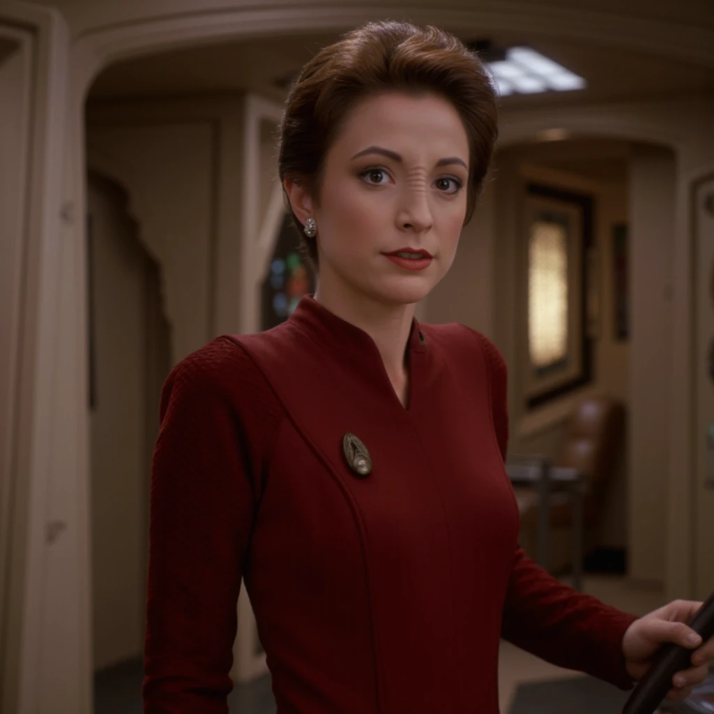 photo realistic, KiraNerys woman, wearing bajoran uniform, standing in corridor  <lora:KiraNerys_Flux_v1:1.3>