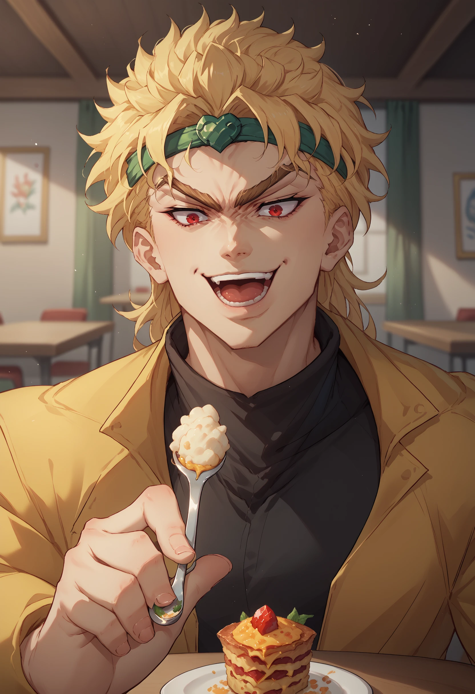 score_9, score_8_up, score_7_up, 1boy, incoming food, holding spoon, <lora:IncomingFood_pdxl_Incrs_v2:1>, <lora:DioBrando_pdxl_Incrs_v1:0.8> dioBrando, blonde hair, red eyes, headband, yellow jacket, sleeveless turtleneck leotard, <lora:xl_kono dio da(pony):0.8> dio face, open mouth, smile, pov across table,