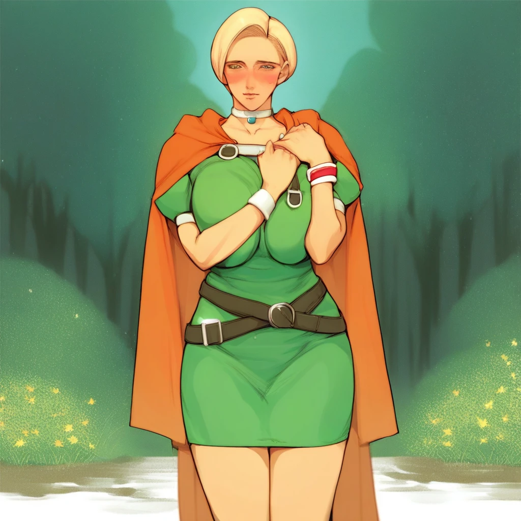 m1lfy5tyl3v1, score_9, score_8_up, score_8, (source_anime), (solo:1.3), (dragon_quest_V), (Bianca_Whitaker), bianca_(dq5), green dress, orange cape, wrist bands, belt, choker, outdoors, sunny, blushing, busty, curvy, milf, skinny,