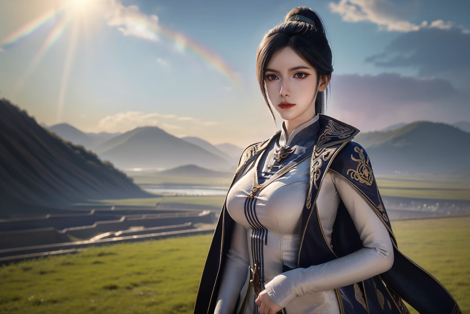 1girl,solo,ponytail,black hair,grey eyes,light_blush,chinese clothes,(looking at viewer),outdoors,nature,day,sky,(sunlight),rainbow,fantasy,scenery,((glowing)),blurry,cowboy shot,Highly detailed,(ultra-detailed),(best quality,masterpiece:1.5),<lora:20240930-1727706729434:0.55>,