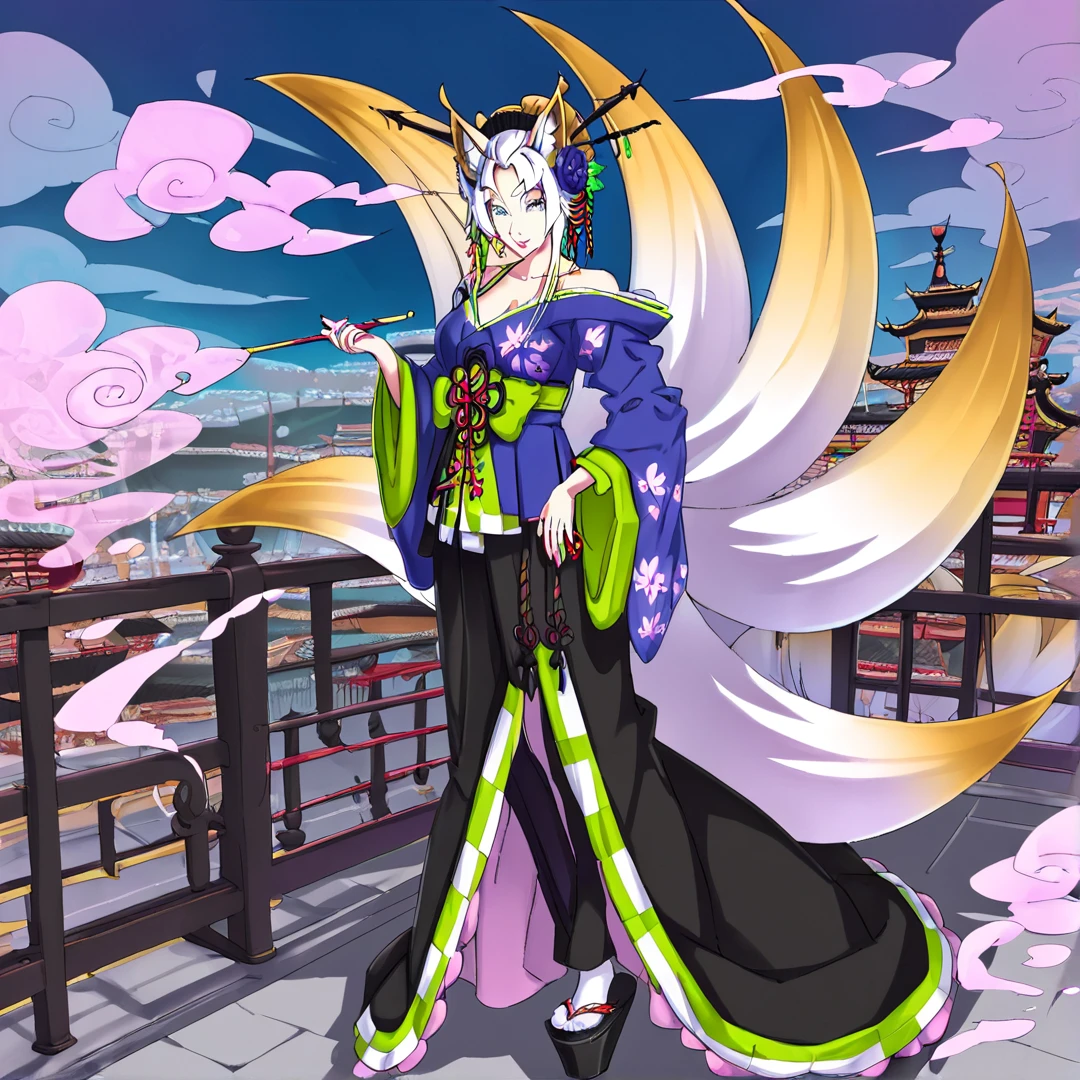 <lora:YornaMishigure:1>, yorna, beautiful, tall fox woman, thin and alluring physique, slit blue eyes, white hair, orange tips, adorns her head in horns, teeth, scales, and other ornaments, majestic and mythical appearance, sharp orange fox ears, wears a blue t-shirt with a flower pattern, a lime cardigan with floral pattern, black jogging pants, her nine white and orange fox tails, smokes from golden kiseru, which gives off light blue and pink smoke, large breasts, solo, standing in a city, looking at viewer, arms open for a hug