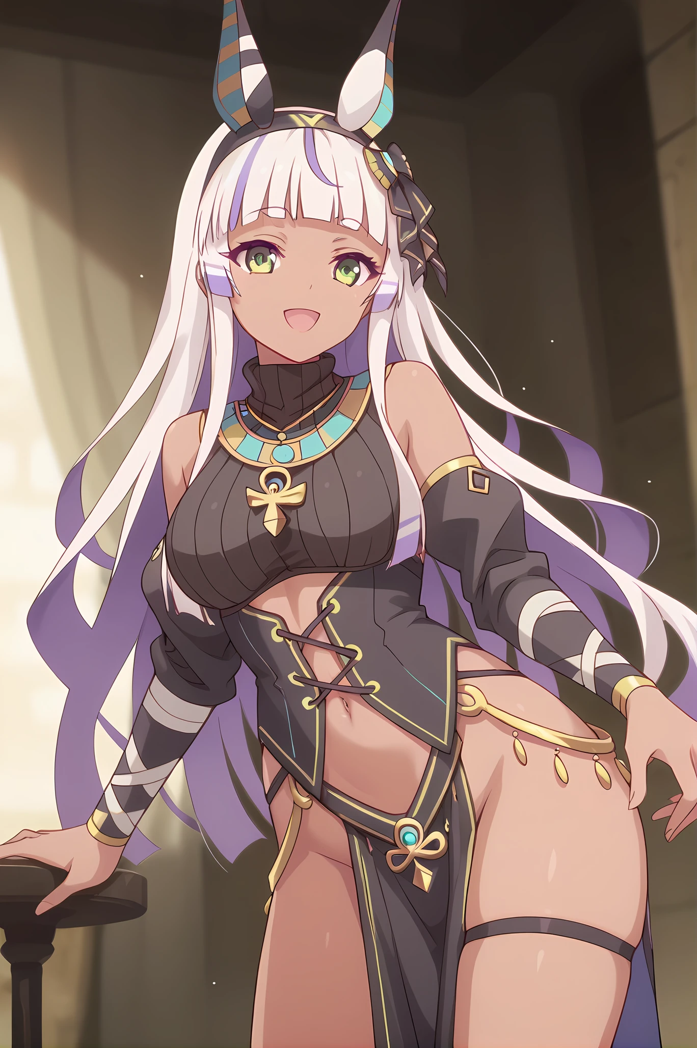 (egyptian clothes detached sleeves pelvic curtain:1.20), gg-anubis, necklace, hairband, white hair, multicolored hair, long hair, dark skin, jackal ears, green eyes, medium breasts, 1girl, solo, skinny, score_9, score_8_up, score_8, score_7_up, score_7, score_6_up, score_6, score_5_up, score_5, source_anime, happy, bedroom, (:1.20), (:1.20), , <lora:gg-anubis-V01-000005:0.60>