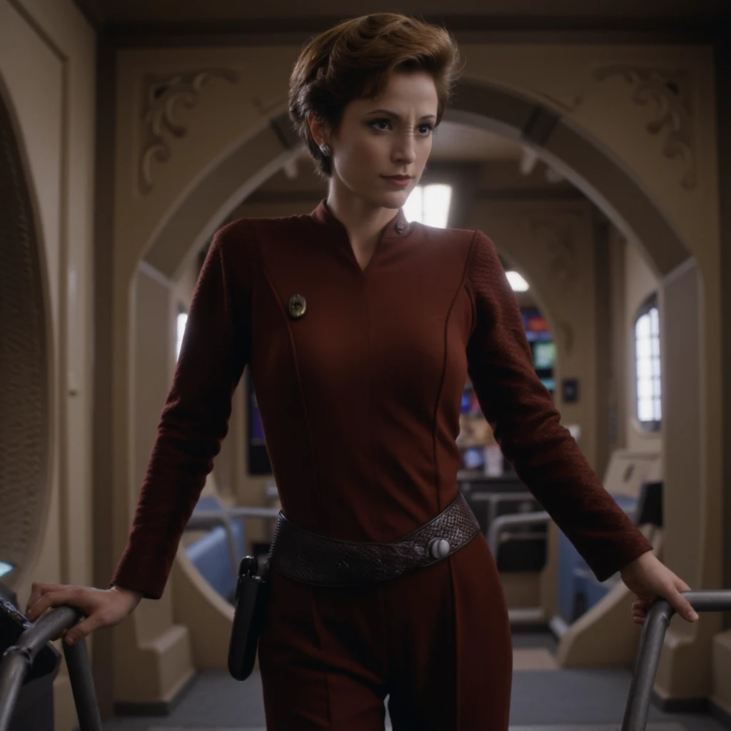 photo realistic, KiraNerys woman, wearing bajoran uniform, standing in corridor  <lora:KiraNerys_Flux_v1:1.3>