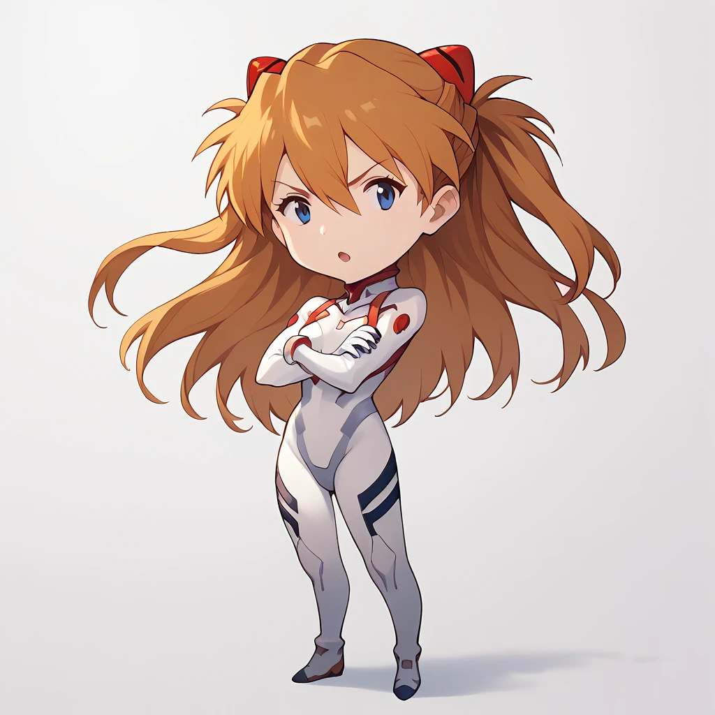 score_9, score_8_up, score_7_up,bdchibi,1girl,solo,  <lora:[pony]bdchibi:1>,full body, (white background:1.3),  <lora:souryuu asuka langley for pony:0.6>,souryuu asuka langley, white bodysuit,crossed arms, open mouth, indoors,standing,(spread legs:0.5),