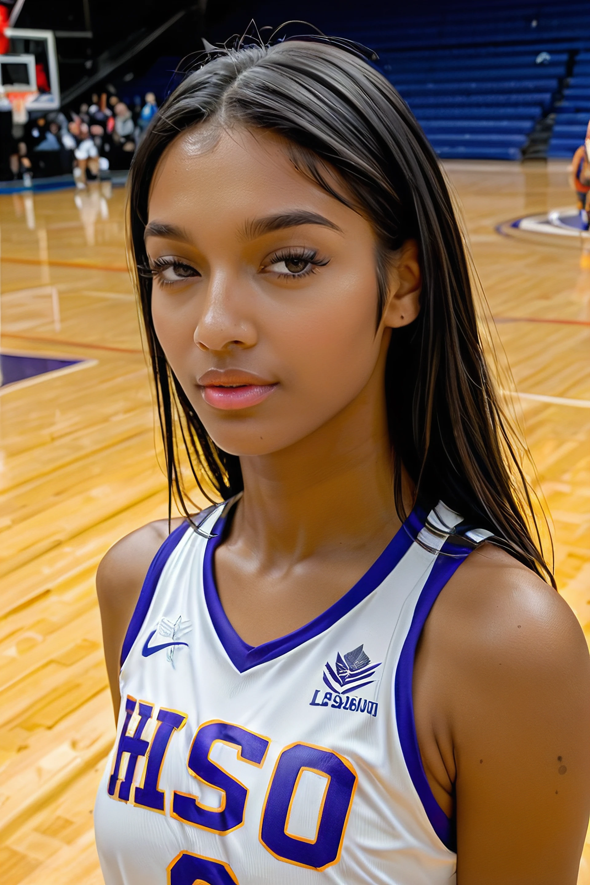 score_9, score_8_up, score_7_up, <lora:Angel_Reese_Pony:1> angelresse, black hair, dark-skinned female, female focus, sportswear 1girl, looking at viewer , short-sleeved jersey, at Indoor Court, polished wooden floor, professional-grade basketball hoops, bright overhead lighting, team logos painted on the floor, bleachers for spectators, angel, female focus, realistic, basketball