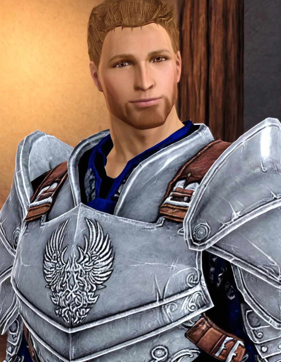 high quality, realistic, masterpiece, fantasy background
BREAK <lora:Dragon Age - Alistair Theirin - (Pony)_epoch_7:1>, (da_alistair, male, brown eyes, facial hair, warden armor), looking at viewer