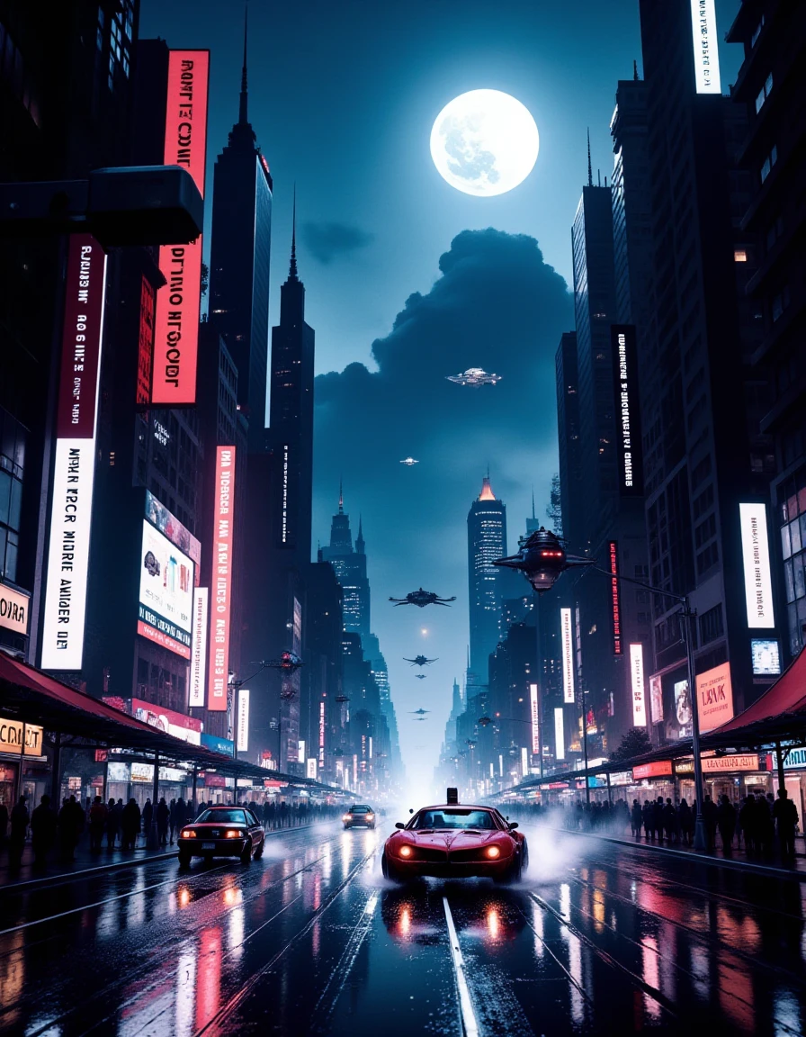 A neon-lit, futuristic cityscape, an ink-drawn car speeding through a rain-soaked street. The towering skyscrapers glow with vibrant advertisements, while distant flying cars streak across the sky. Best quality rendering of reflections on wet surfaces, with bright lights creating a dramatic contrast against the dark alleyways. The sky has a digital cloud pattern, with a large full moon casting a faint blue glow. High-resolution detail captures the gritty atmosphere of the cyberpunk environment, filled with sleek, metallic structures and the hum of technology, 1980s, bladerunner.
<lora:mrcenterfordInkStyle-FLUX-V0.1:1>