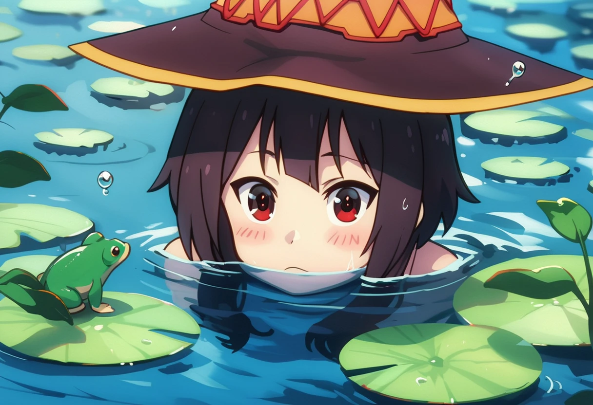 score_9, score_8_up, score_7_up, BREAK, BREAK source_anime,
solo,1girl,face focus,water,anime style,wet hair,blue water,observing,calm expression,curious gaze,silent encounter,
head_out_of_water,head sticking out of water,peeking out of water,face above water, 
megumin,hat,witch hat,short hair,short hair with long lock
<lora:head_out_of_water_pony_xl:0.8>  <lora:Megumin_-_Kono_Subarashii_Sekai_ni_Shukufuku_wo:0.7>