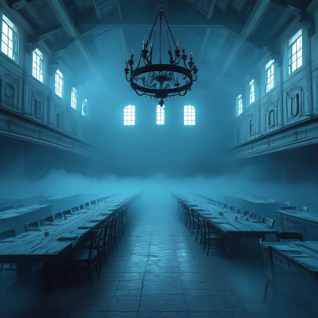 <lora:Doctor_Pollutions_Paranormal_Asylum_DX_-_Realistic_Freedom:1>,docpollparan, dining hall, asylum, abandoned, mist, unreal engine, 4k, masterpiece, trending on artstation