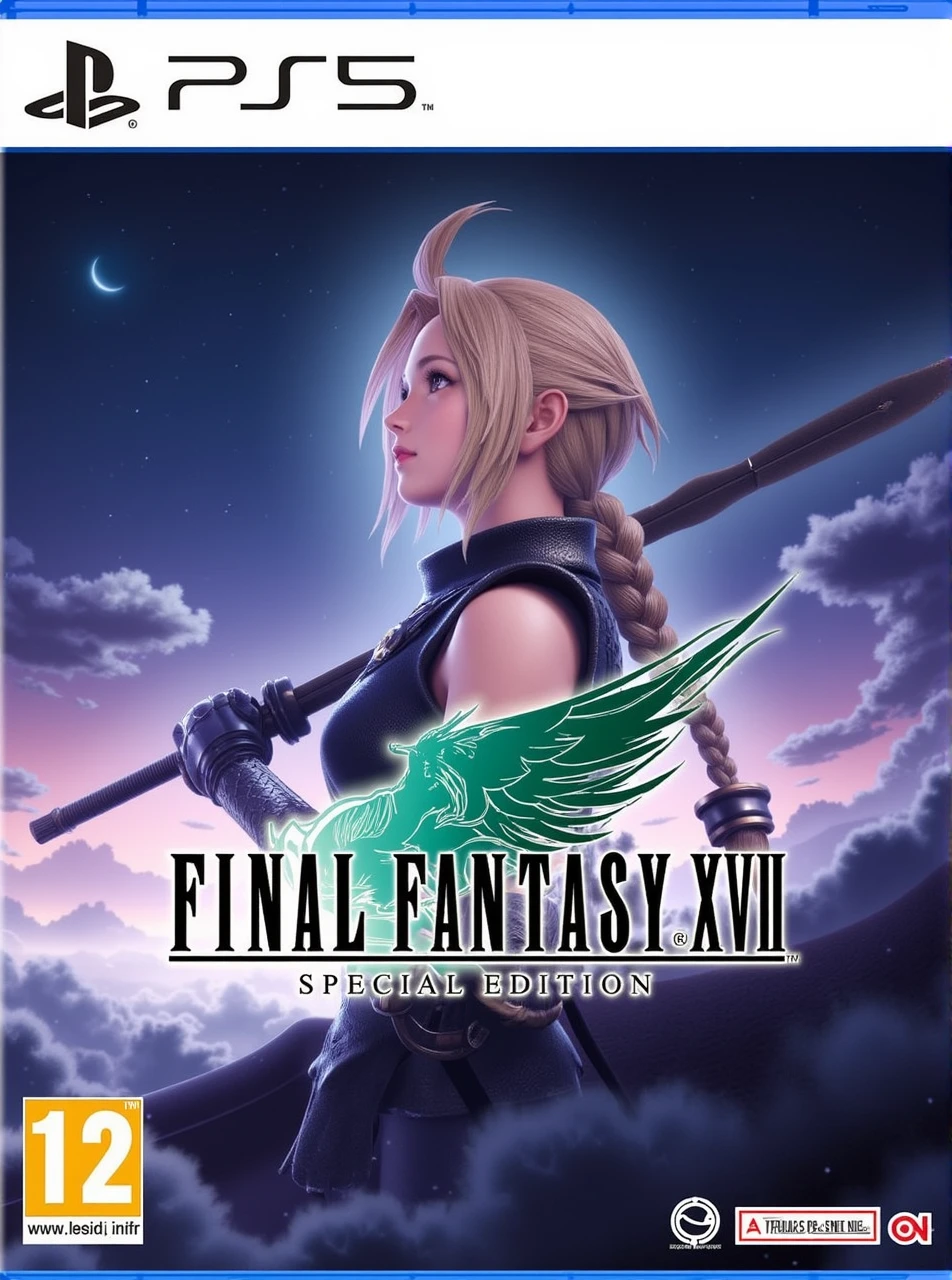 The image is a stylized artwork for an PS5 video game cover, specifically for a game called "FINAL FANTASY XVII SPECIAL EDITION" in the style a modern JRPG CGI art. The image is for a game cover designed for the PlayStation 5 console. The cover features a beautiful blonde woman with short braided hair wearing JRPG fantasy armor and carrying a sword.The artwork is very sublime and breathtaking evoking a sense of wonder and mystery. A "square enix" logo can be seen on the bottom right-hand corner of the image. The cover exudes the very best of Japanese fantasy art from the very best JRPG.