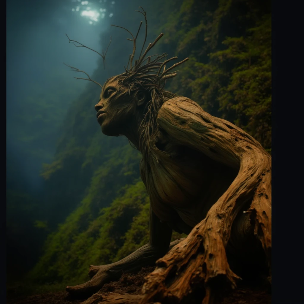 Cinematic, dreamlike lighting, dramatic lighting, at night, close up of a carved wood woman with a beautiful face and hair fusing with a piece of wood, deeply inside a forest filled with vegetation and fog, she's sitting there like a haunting figure in eerie beauty and mystery, ultra realistic, utra detailed textures, 8k, masterpiece