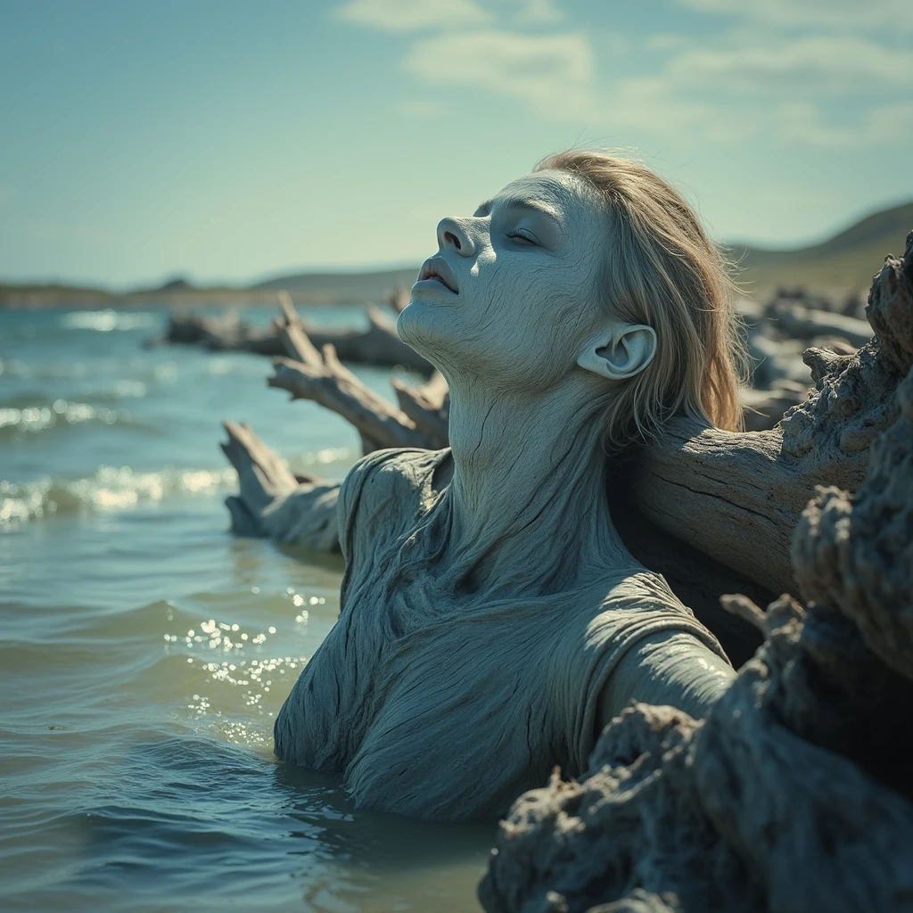 Cinematic, full body shot a beautiful driftwood woman drifting in the ocean, frozen in time in a desolated shore, god rays lighting on the womans face, real photography, 8k, ultra detailed colors and textures