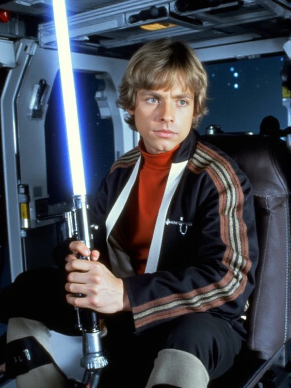 Luke Skywalker wears a tracksuit and hold a lightsaber in a spaceship <lora:Luke_Skywalker:0.9>