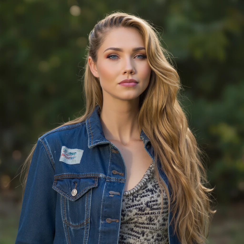 A portrait of jessica_green with long, blonde hair. She wears a denim jacket with visible patches and a textured top. Her makeup is subtle, featuring bold blue eyeshadow and a smoky eye. The blurred background emphasizes the subject. The image style is contemporary, emphasizing the subject's facial features and clothing.