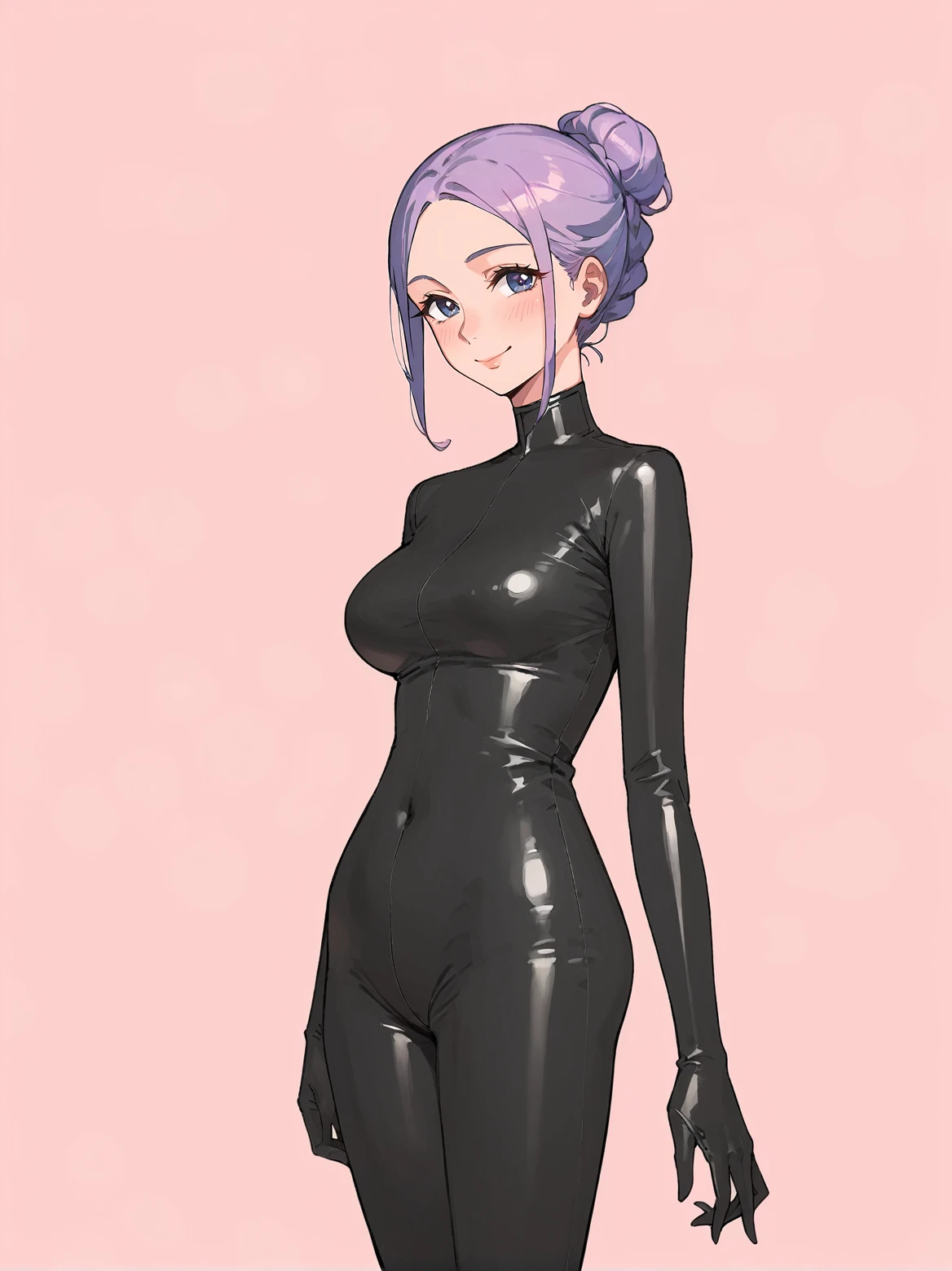 score_8_up, score_7_up, score_6_up, source_anime, 1girl, solo, simple background, pink background,
standing, pose, contrapposto, arched back, cowboy shot, facing viewer
smile, mature female
latex bodysuit, black latex,  <lora:Latex_Bodysuit:1>