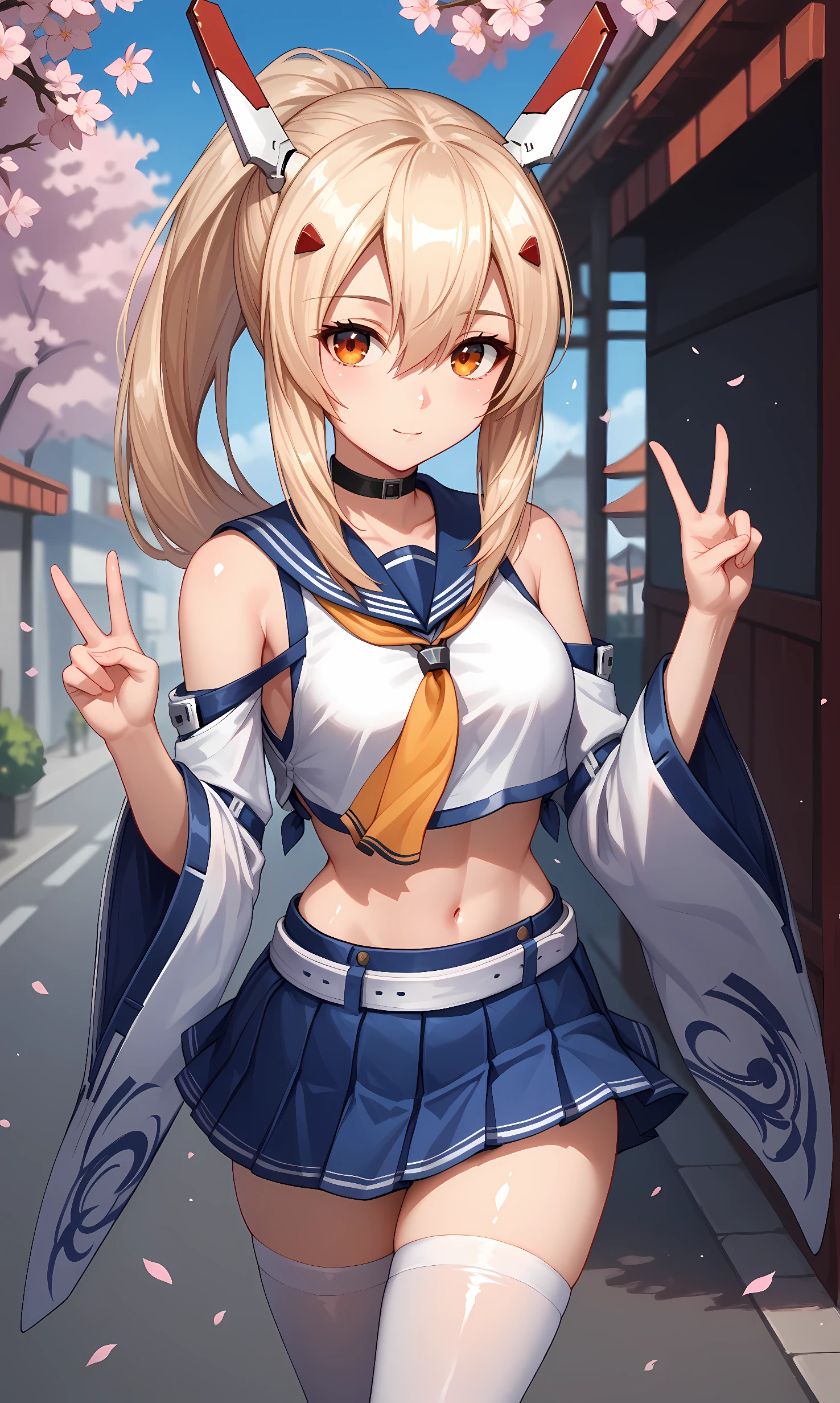 score_9, score_8_up, score_7_up, source_anime, 1girl, solo, outdoors, street, cherry blossoms, cowboy shot, standing, looking at viewer, shiny skin, ayanami, orange eyes, blonde hair, long hair, sidelocks, ponytail, hair ornament, choker, blue serafuku, yellow neckerchief, sleeveless shirt, white shirt, crop top, detached sleeves, wide sleeves, blue skirt, miniskirt, pleated skirt, white belt, white thighhighs, peace sign