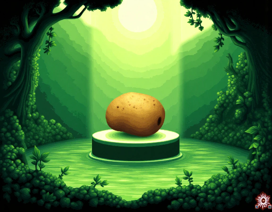 demoscene pixelart of a potato on a plinth bathed in heavenly light, the plinth is in a green lush oasis pool