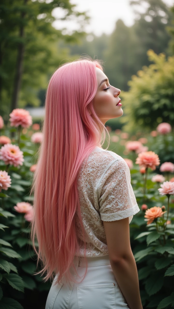 A woman with long, flowing pink hair stands in front of a lush garden filled with blooming flowers. Her eyes are closed as she gazes out at the lush greenery, Depth of field 270mm,aidmaSD1.5woman