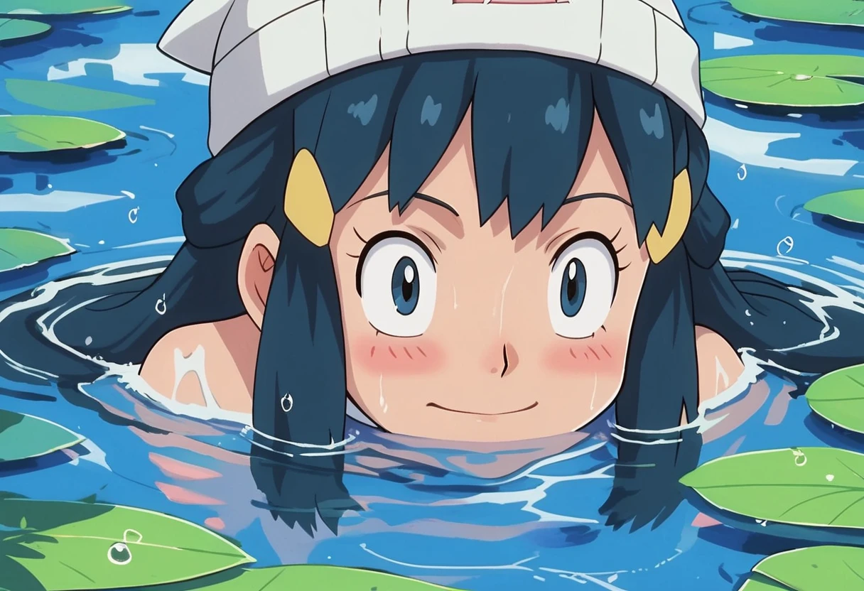 score_9, score_8_up, score_7_up, BREAK, BREAK source_anime,
solo,1girl,face focus,water,anime style,wet hair,blue water,observing,calm expression,curious gaze,silent encounter,
head_out_of_water,head sticking out of water,peeking out of water,face above water, 
pokemondawn, pokemon dawn, black hair, blue eyes, long hair,beanie, hat, white headwear,
   <lora:head_out_of_water_pony_xl:0.8>  <lora:pokemon-dawn-anime-ponyxl-lora-nochekaiser:0.9>