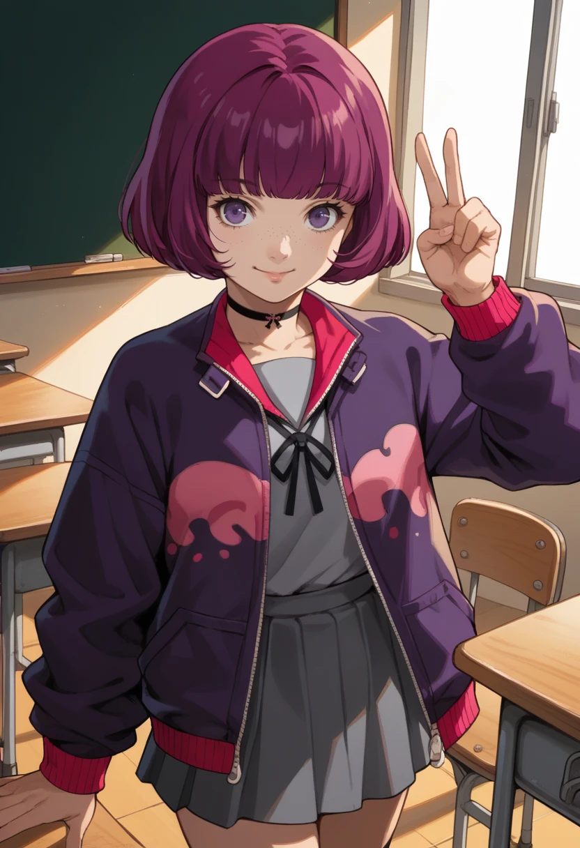 score_9, score_8_up, score_7_up, source_anime, 1girl, classroom, looking at viewer, smile, cowboy shot
<lora:zs_PolterXL:1> polterp5x, magenta hair, bob cut, purple eyes, freckles, choker, purple jacket, grey shirt, grey skirt, black kneesocks, v, dutch angle