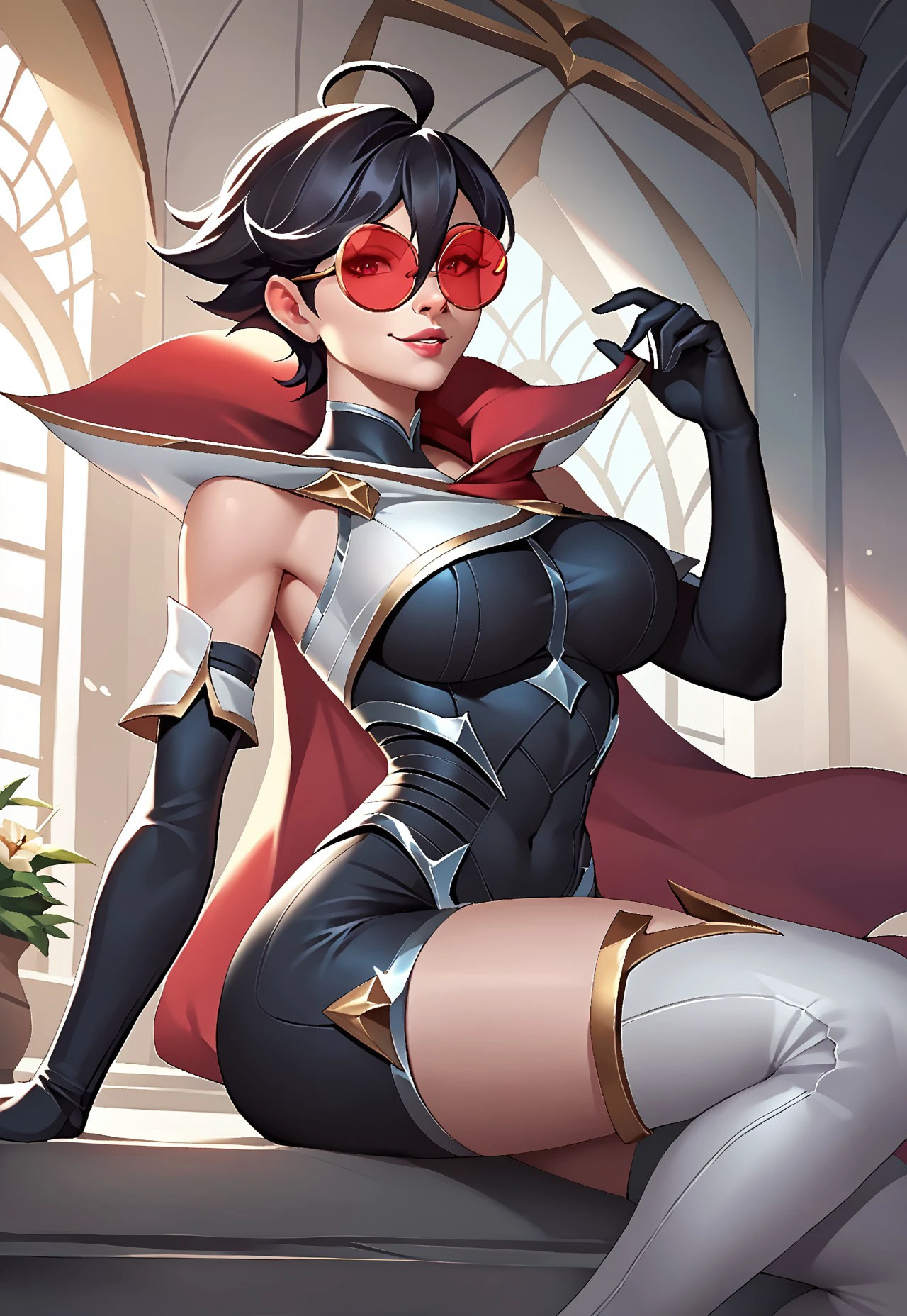 safe_pos, score_9, score_8_up, score_7_up, score_6_up, score_5_up, score_4_up, shaunavaynePony, 1girl, short hair, black hair, ahoge, hair between eyes, sunglasses, round eyewear, tinted eyewear, looking over eyewear, seductive smile, looking at viewer, toned, large breasts, thighs, (black bodysuit, detached sleeves, black elbow gloves, cape, bare shoulders, white thigh boots), dynamic pose, indoors