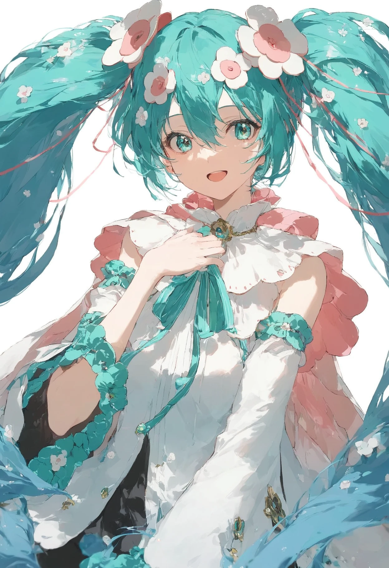 score_9,score_8_up,score_7_up,,source_anime BREAK, upper body , 1girl, solo,looking at viewer,, MHM21, hatsune miku, hair ornament, flower, twintails, magical mirai miku, long hair, only two hair flower, detached sleeves, open mouth, aqua hair, smile, very long hair,  wide sleeves, medallion, white sleeves, aqua ribbon, aqua eyes, cape, hair between eyes, white flower<lora:ãã¸ã«ã«ãã©ã¤2021:1>