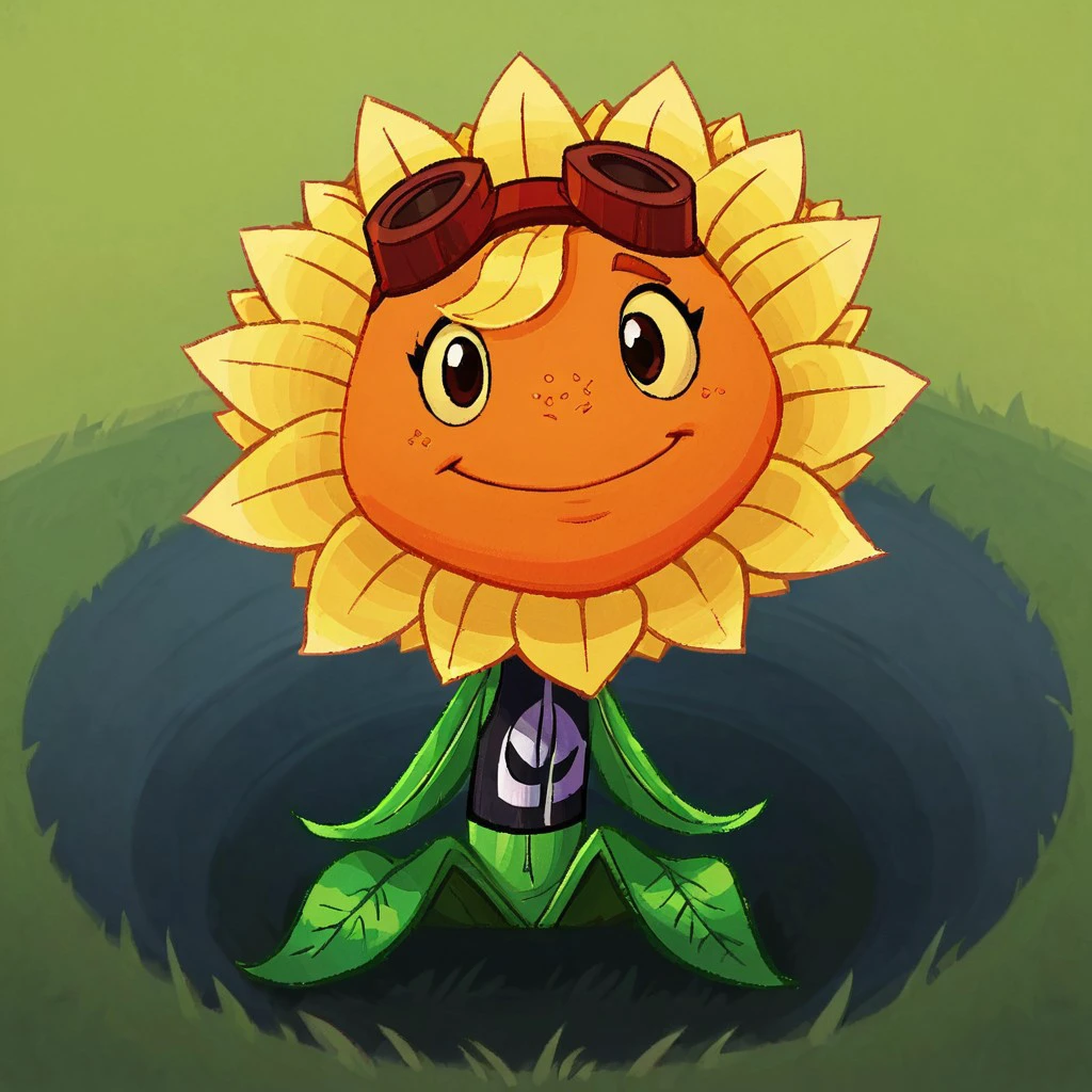 score_9, score_8_up, score_7_up, BREAK, 1girl, solo, sunflower, flower girl, flora fauna, red goggles, leaf arms, leaf legs, yellow petals, orange face, freckles, green body, goggles, flower, goggles on head, looking at viewer, smile, closed mouth, grass, outdoors