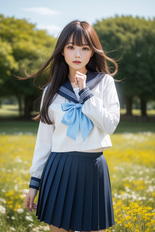 ltra-detailed,highly detailed,best quality,masterpiece,illustration, drawing, realistic, photorealistic,
1girl, solo,
akebi, school uniform, serafuku, sailor collar, long sleeves, pleated skirt, blue neckerchief,
long hair, bangs,
looking at viewer, cowboy shot, standing,
outdoors, flower field, day, blurry background, nature, sky, grass, wind, scenery,
<lora:akebi_v1_06:0.6>