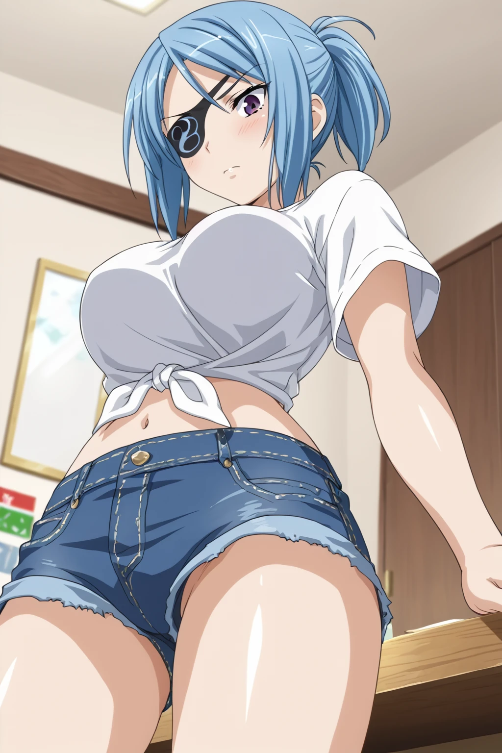 score_9, score_8_up, score_7_up, BREAK from below:1.3 ,,(girl sit on chair,on your back),(selfie),1girl,bulma, blue eyes, blue hair,bare shoulders, belt, cleavage, hair bobbles, hair ornament, hair over shoulder,large breast,midriff, navel, one side up, red tube top, shorts, side ponytail, (strapless, tube top,under_boob:1.2),looking at viewer,facial expression,sharp eye,smile,masterpiece, best quality,  detailed body, highly detailed, anime coloring.anime,[anime_screencap:0.8] , highly detailed,