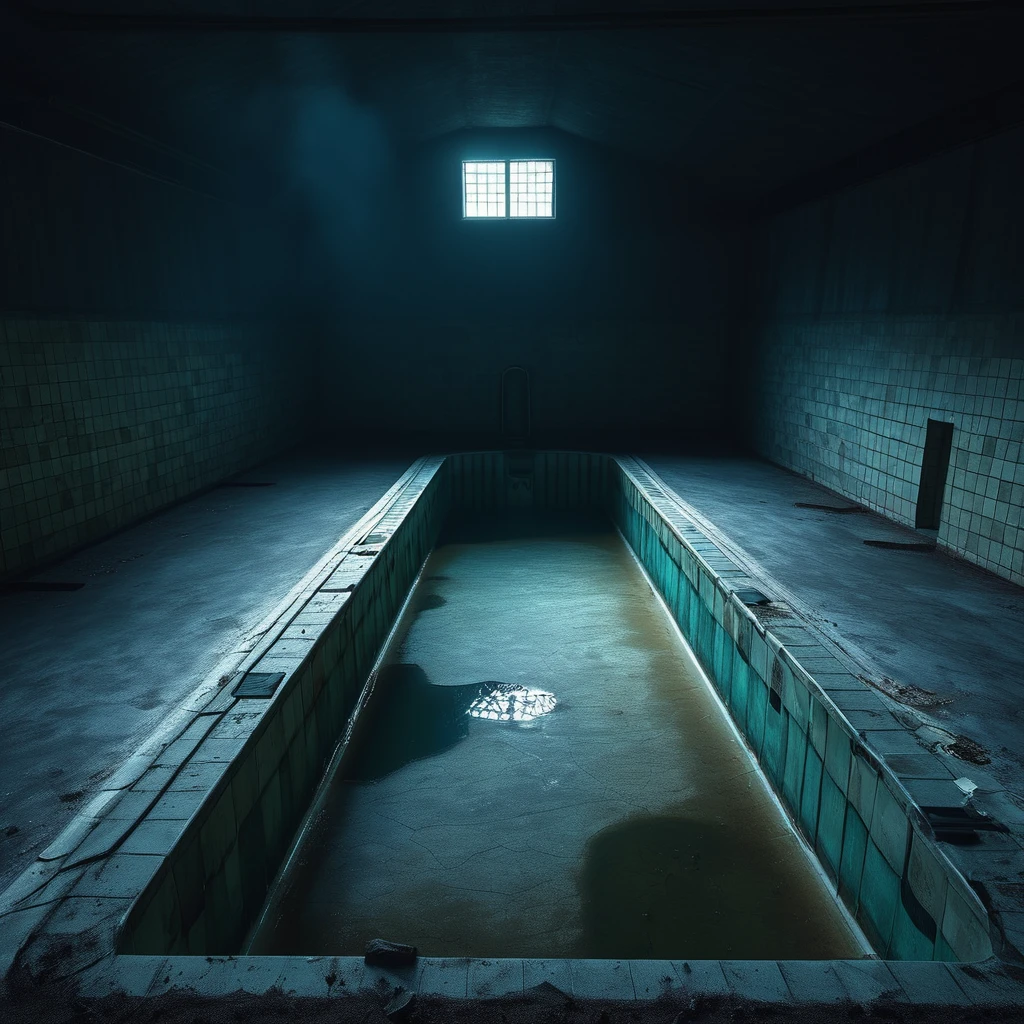 <lora:Doctor_Pollutions_Paranormal_Asylum_DX_-_Realistic_Freedom:1>,docpollparan, public pool, asylum, abandoned, empty pool, unreal engine, 4k, masterpiece, trending on artstation