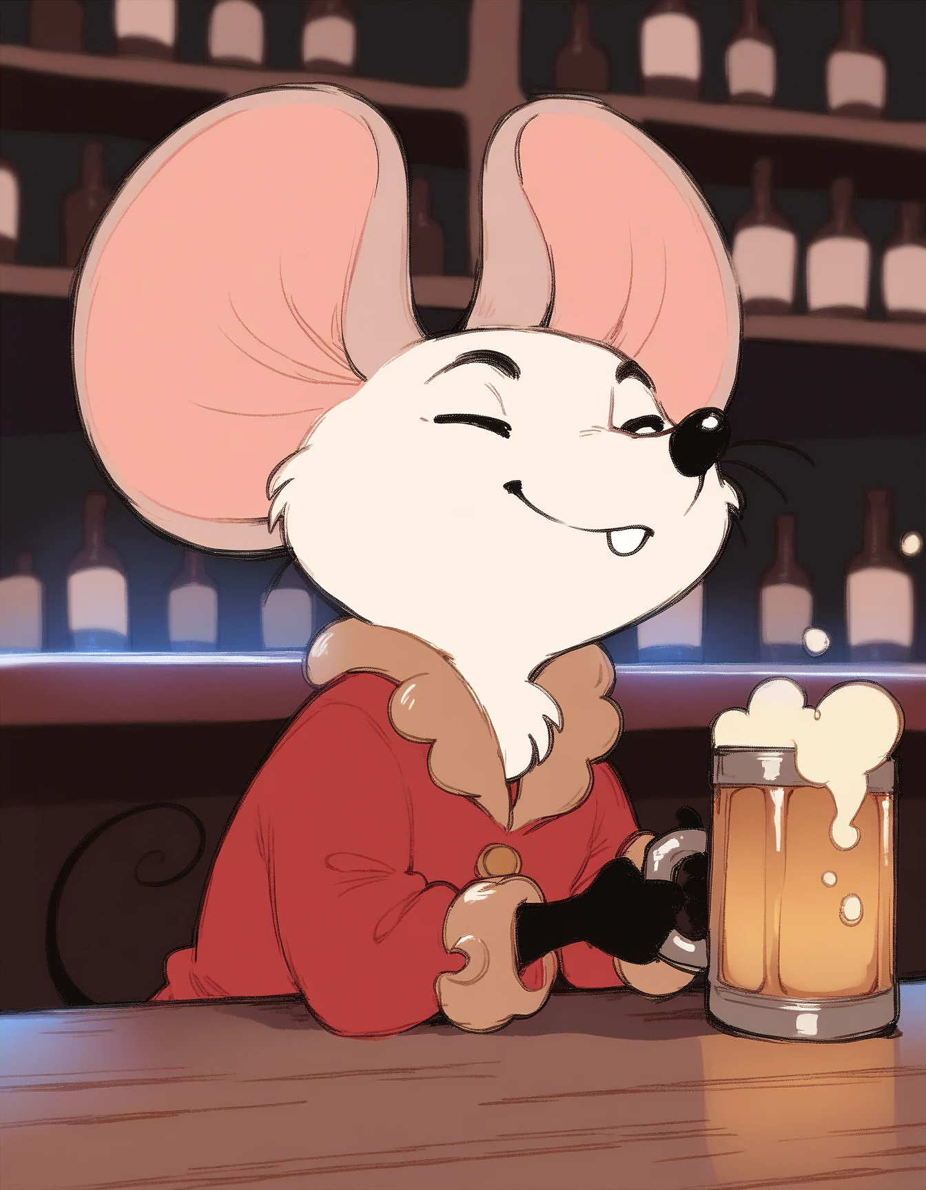 score_9, score_8_up, score_7_up, score_6_up, score_5_up, score_4_up, solo
gorgonzola_crew_mouse, black dots, red dress, gold neck, white fur, black hands, long sleeves, bar, holding beer
 <lora:gorgonzola_crew_mouse_XL:0.9>