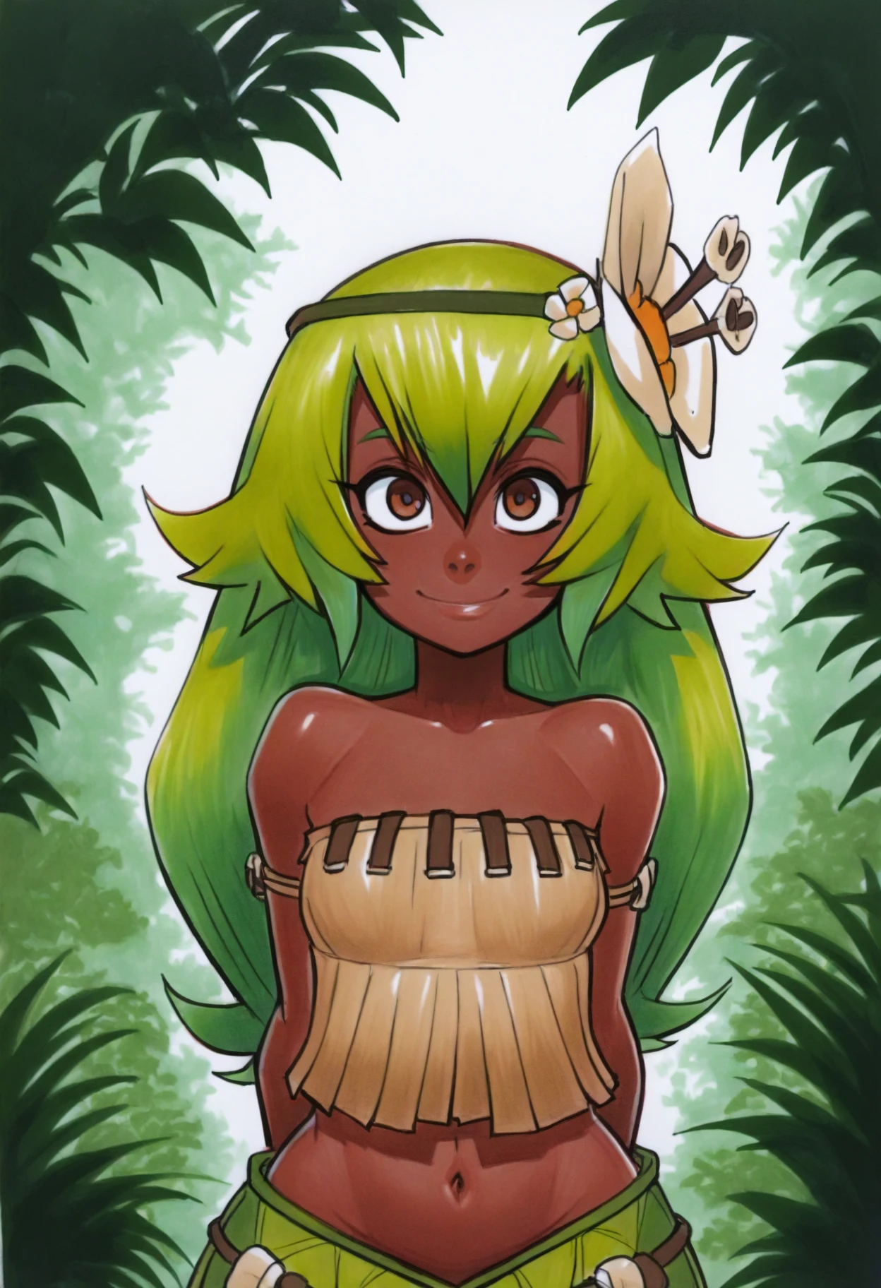 omardogan, marker \(medium\), traditional media, 
best quality, amazing quality, very aesthetic, absurdres, 
1girl, amaliayoung, green hair, long hair, hair flower, dark skin, bare shoulders, tribal, navel,
smile,arms behind back, upper body, solo, looking at viewer, trees, jungle background  <lora:AmaliaIllustriousXL_byKonan:1>  <lora:OmarDoganIllustriousXL_byKonan:1>