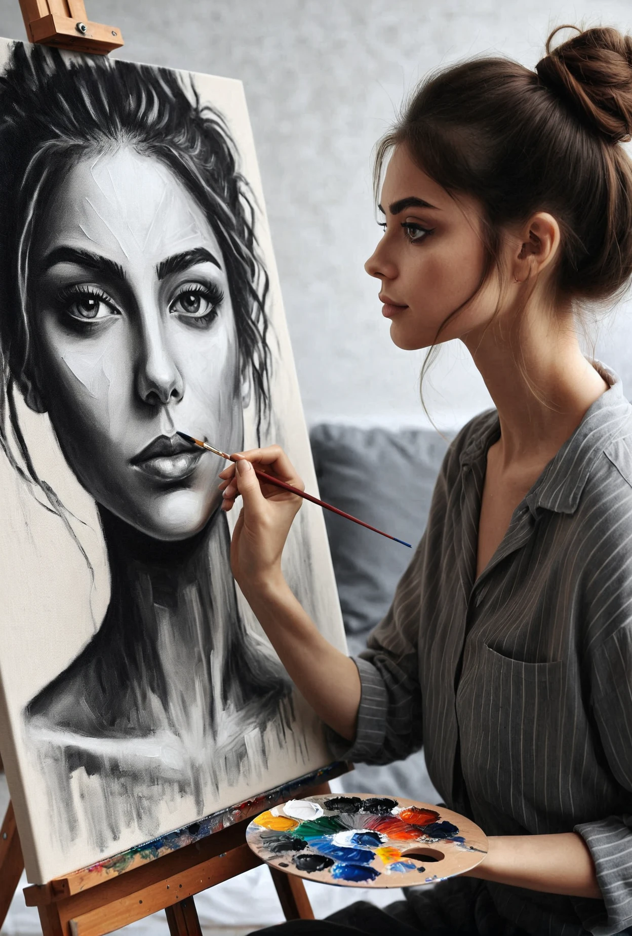 photo of a woman painting a black and white self-portrait, canvas, 1girl, <lora:paintingselfportrait:0.7>