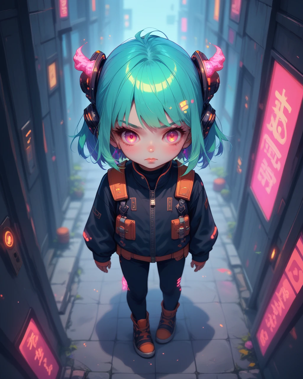 (score_9,score_8_up,score_7_up,score_6_up), 1girl, view from above,  <lora:NeoNiKawaiiCS:0.8> kawaii cyberpunk, kawaii cyberpunk style, vibrant, pastel color palette, dynamic hair design, kawaii clothing style, tech-inspired accessories, glowing effects, kawaii aesthetic, chibi aesthetic, whimsical floating objects, popping visual effects, fantasy elements, detailed accessories