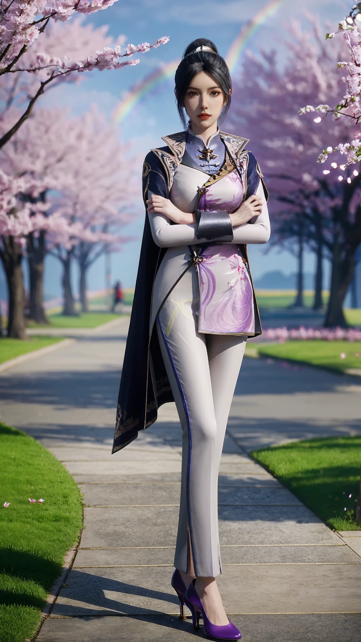 1girl,solo,ponytail,black hair,hair ornament,grey eyes,chinese clothes,high heels,cape,standing,crossed arms,(looking at viewer),full body,outdoors,street,day,sky,((rainbow)),cherry blossoms,romance,pink theme,fantasy,scenery,((glowing)),blurry,Highly detailed,(ultra-detailed),(best quality,masterpiece:1.5),<lora:20240930-1727706729434:0.6>,