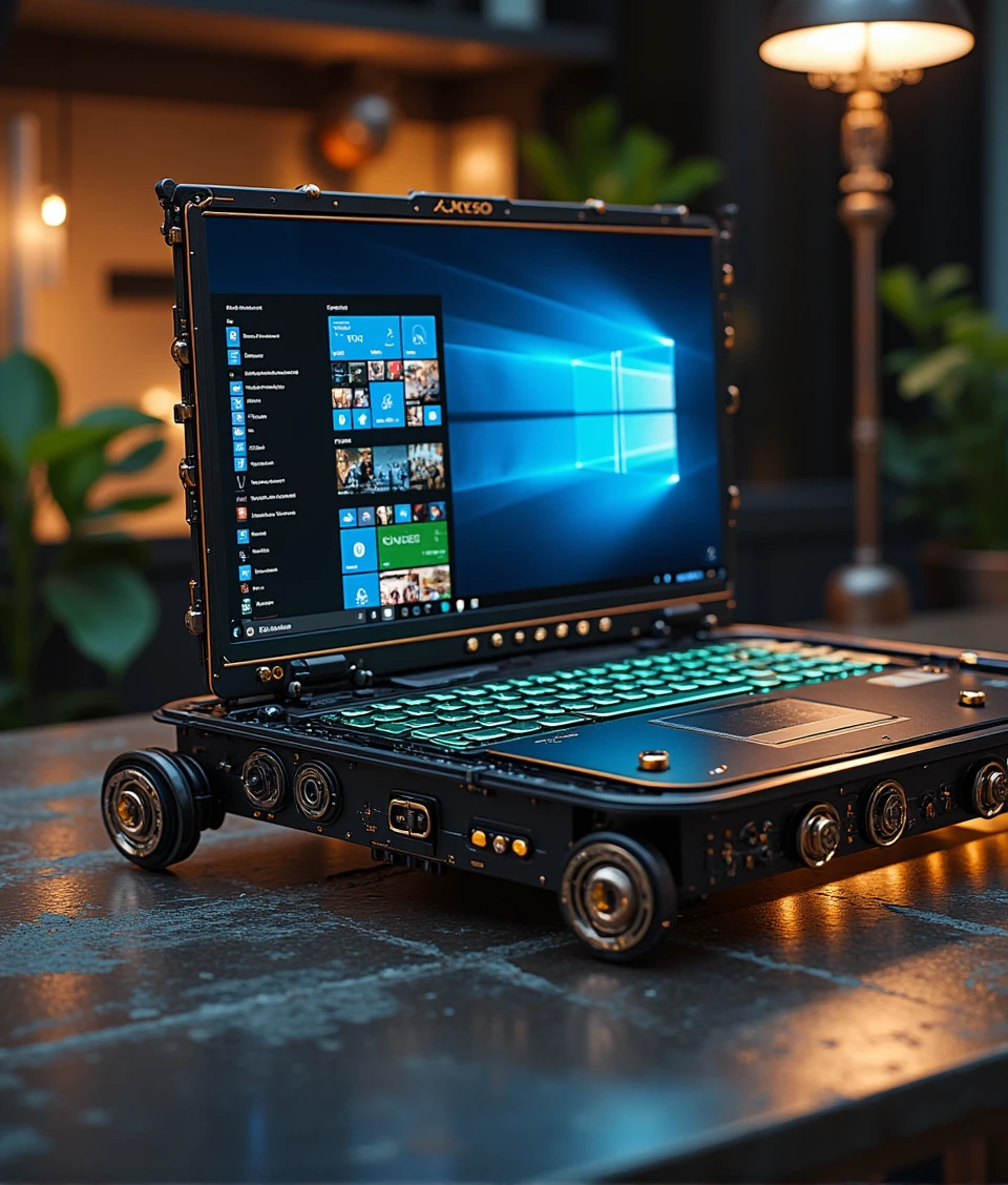 a high-tech laptop on table,windows_10 screen,MECHSCARAB