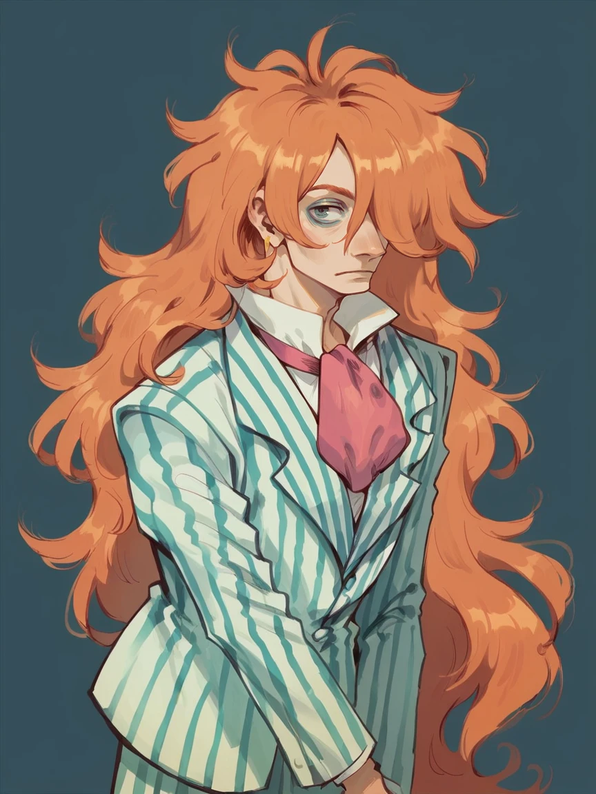 score_9, score_8_up, score_7_up, score_6_up, score_5_up,   <lora:FujimotoXLP:1> fujimoto, 1boy, long hair, solo, orange hair, striped, hair over one eye, blue background,