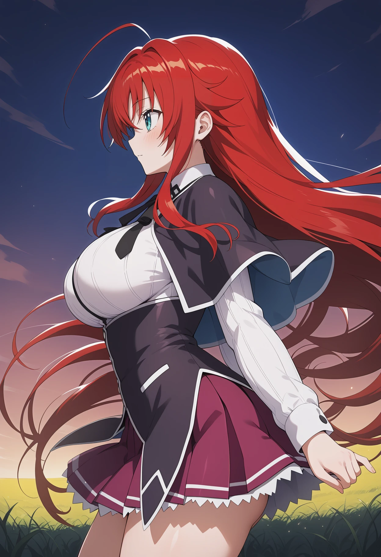 score_9, score_8_up, score_7_up, score_6_up, score_5_up, score_4_up, source_anime, aarias, long hair, red hair, ahoge, blue eyes, large breasts, school uniform, black capelet, neck ribbon, white shirt, long sleeves, underbust, miniskirt, purple skirt, <lora:rias_gremory_ponyxl_v1:0.9>, from side, wind, field, looking at another, standing, cowboy shot, solo, night,