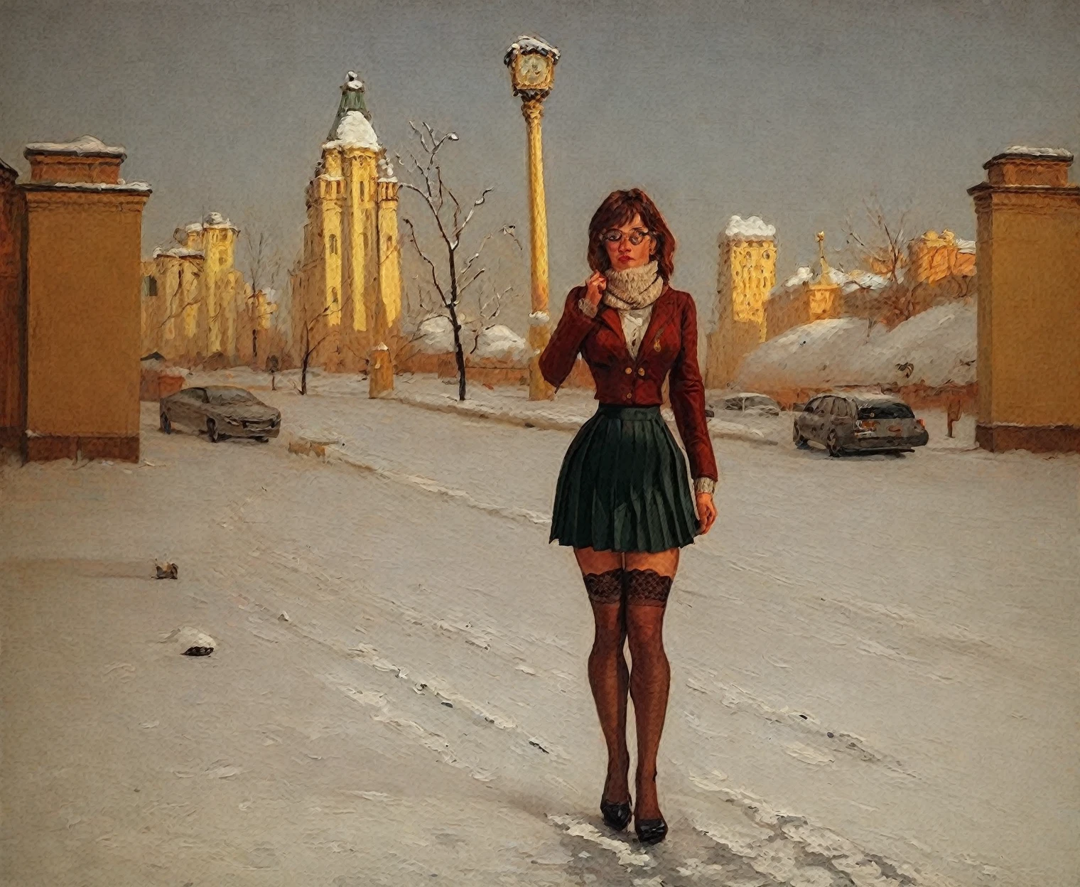 <lora:arkhip-kuindzhi_pony_v1:1> ' city ' by kuindzhiarkhip in 1879, landscape \(genre\), impressionism \(style\),   winter, snow-and-blizzard,  Standing before the blackboard, the new teacher at school commands attention. Her attire, a crisp unbuttoned satin blouse paired with a pleated skirt, is accented by the subtle allure of (laced stockings), adding a touch of fragile femininity to her slender authoritative presence in the classroom. She is revealing her perky protuberant femininity, exposing long narrow calves, (narrow waist), and her gently protuberant skinny curves with fragile, yet authoritative and distinguished femininity., score_9, score_6_up, score_7_up