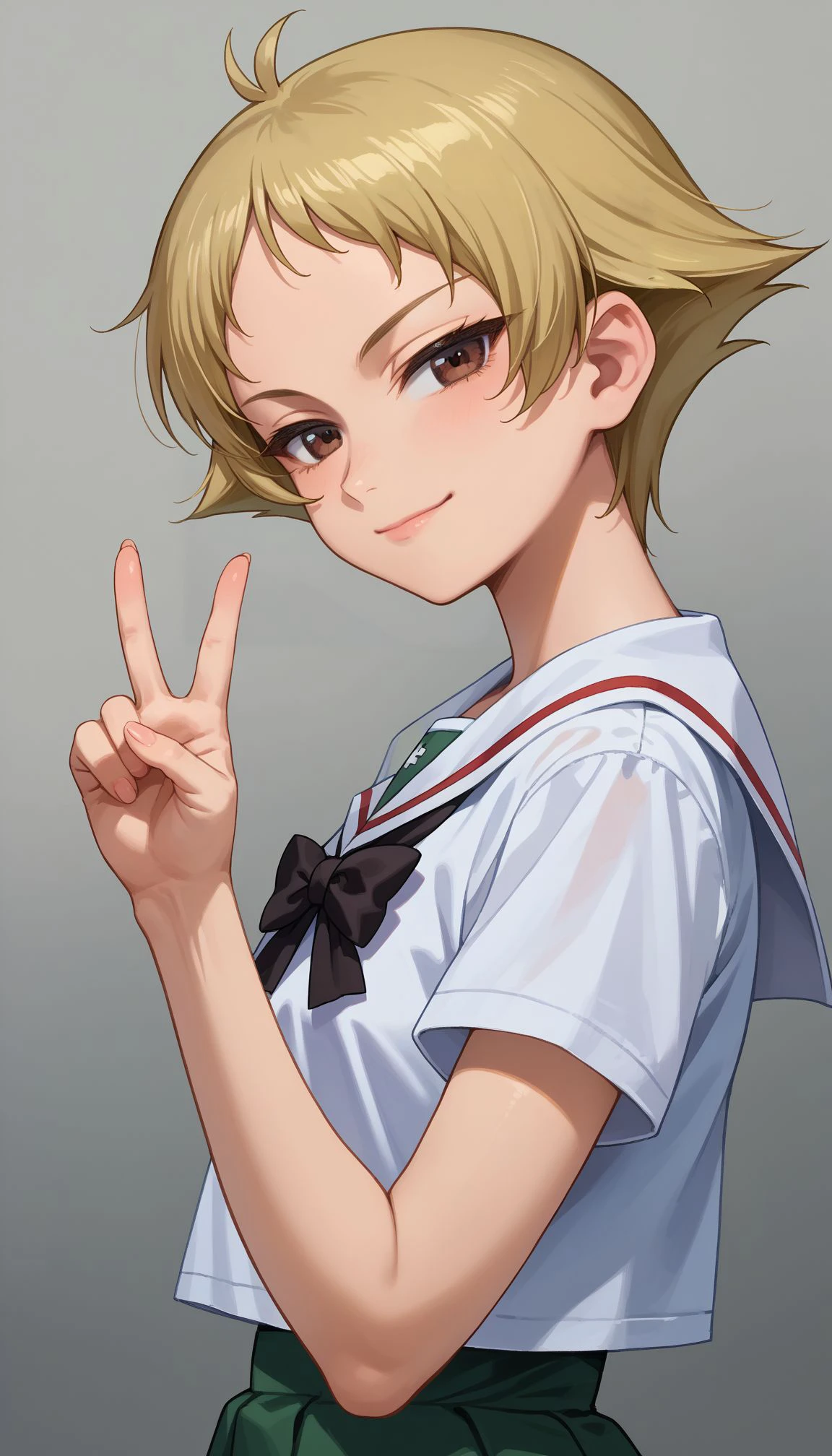 score_9, score_8_up, score_7_up, score_6_up, , solo, 20yo woman, (Beuty:1.1) , (cute:1.3), 
 <lora:GUPErwin:1> 
1girl, erwin (girls und panzer), ooarai school uniform, blonde hair, short hair, black bow, looking at viewer, pointy hair, smile, white shirt, brown eyes, black bowtie, serafuku, upper body, closed mouth, blouse, fox shadow puppet, short sleeves, white sailor collar, no headwear, half-closed eyes, gradient background, from side, grey background