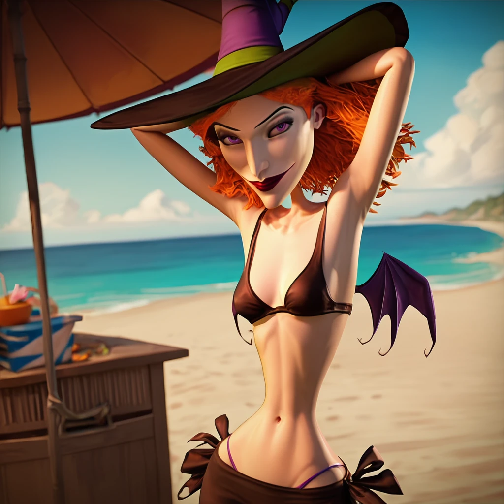 score_9, score_8_up, score_7_up, 1girl, orange hair, purple eyes, makeup, witch hat, bat wings, small breasts, narrow waist, wide hips, bikini, thong, beach, outdoors, arms behind head, looking at viewer, smirk, highres, high quality, masterpiece,  <lora:Scary_Godmother:1>